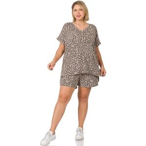 ZENANA WOMENS LEOPARD PRINT SHORT SLEEVE V-NECK TOP & SHORT SET BROWN